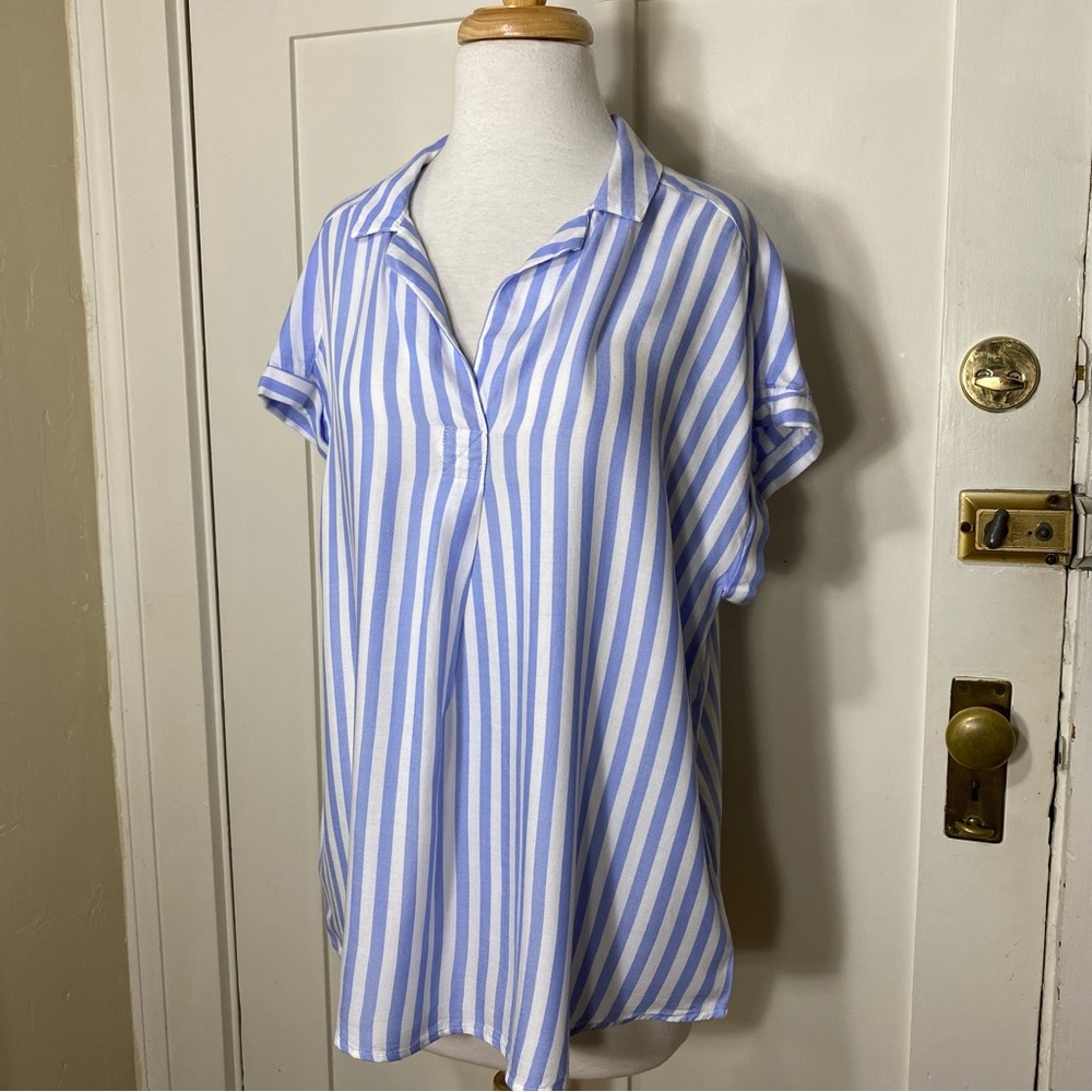 Gap Blue White Striped Popover Summer Spring Rayon Viscose Blend Blouse L - Picture 4 of 14